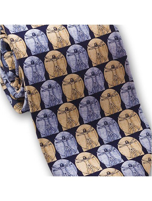 Josh Bach Men's Leonardo da Vinci Vetruvian Man Silk Necktie Blue, Made in USA
