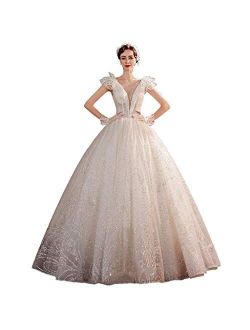 Lwlei Elegant Bride Prom Gowns Womens Sexy V-Neck Wedding Dress Formal Ball Lace Sequins Long Gown Pretty Gown (Color : White, Size : X-Large)
