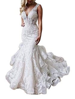Women's Lace Applique Backless Bridal Ball Gowns Mermaid Wedding Dresses for Bride 2021