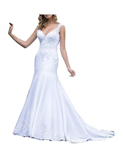 Solandia Women's Lace Satin Bridal Ball Gowns Plus Size Beach Mermaid Wedding Dresses for Bride with Train