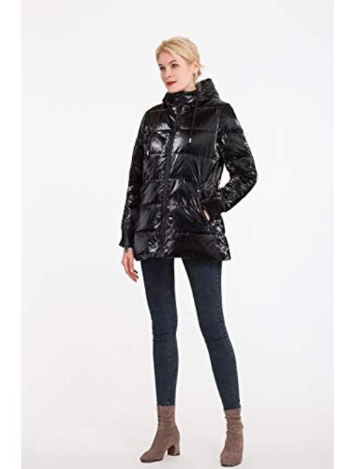 Polydeer Women's Warm Winter Jacket,Waterproof Puffer Rain Coat,Velvet Shiny Lightweight Hooded Outerwear