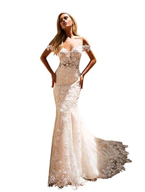 Clothfun Women's Illusion Lace Beach Wedding Dresses for Bride with Sleeves 2021 Summer Bridal Gowns Cf009