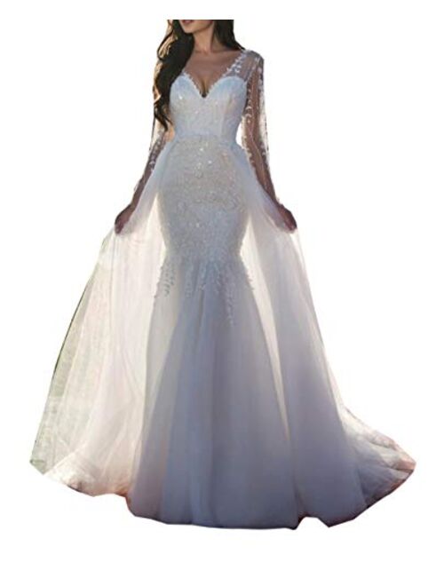 Solandia Plus Size Bridal Gowns Lace Sequins Mermaid Wedding Dresses for Bride with Detachable Train