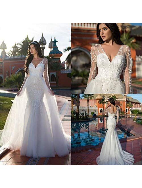 Solandia Plus Size Bridal Gowns Lace Sequins Mermaid Wedding Dresses for Bride with Detachable Train