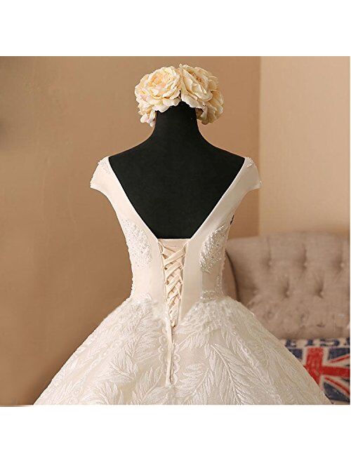 Dimei V-Neck Bridal Gown Wedding Dresses Cap Sleeve A-Line Dress Lace up Back with Long Train