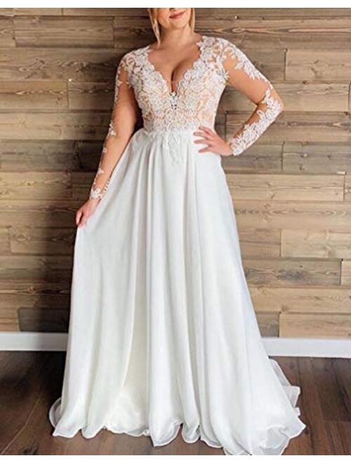 Solandia Women's Illusion Long Sleeve Bridal Ball Gown Chiffon Lace Appliques Beach Wedding Dresses for Bride 2021