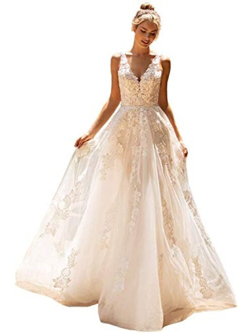 Elliebridal Bohemian V Neck Women's Bridal Ball Gown Long Tulle A-line Wedding Dresses with Train for Bride White Ivory