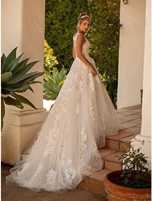 Elliebridal Bohemian V Neck Women's Bridal Ball Gown Long Tulle A-line Wedding Dresses with Train for Bride White Ivory