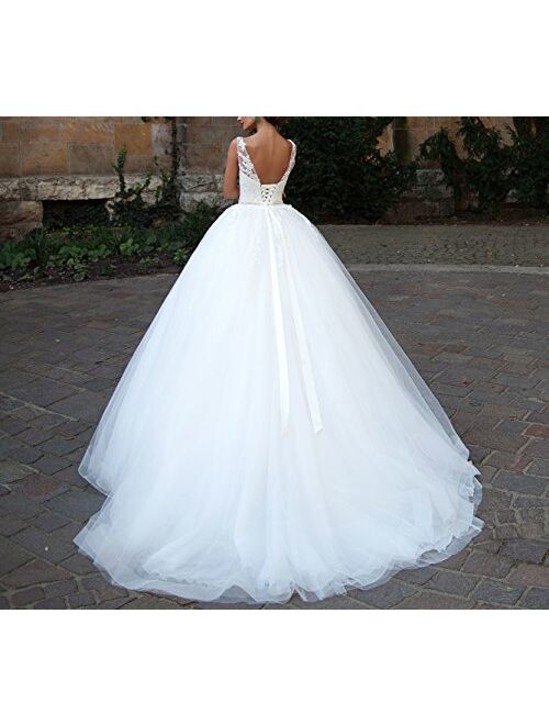 Fishlove V-Neck Vestido De Novia 2017 Ball Gown Sheer Lace Bridal Wedding Gowns W41