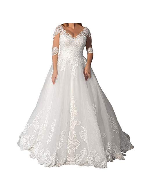 VERNASSA White Elegant Plus Size Wedding Dress for Bride 2021 Ball Gown 1/2 Sleeves V Neckline Bride Gown