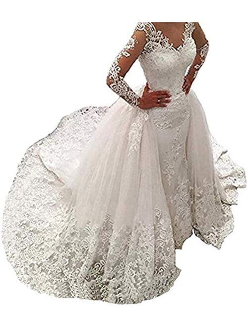 Elliebridal Women's Bridal Ball Gown V Necck Long Sleeves Mermaid Wedding Dresses with Train for Bride 2021