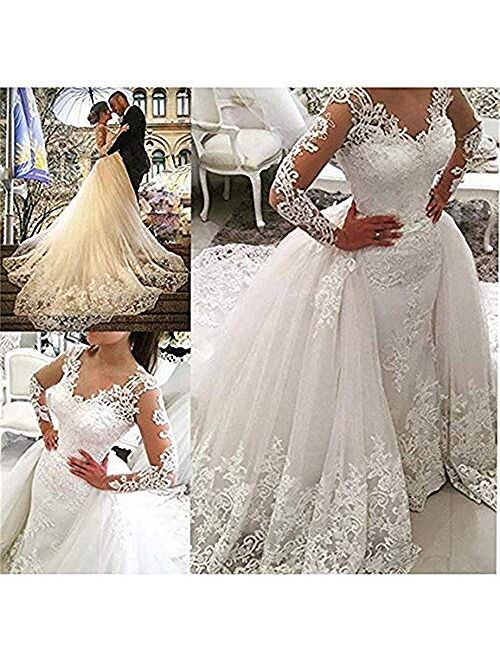 Elliebridal Women's Bridal Ball Gown V Necck Long Sleeves Mermaid Wedding Dresses with Train for Bride 2021