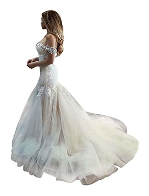 Elliebridal Sexy Tulle Women's Bridal Ball Gown Long Lace Mermaid Wedding Dresses with Train for Bride 2021