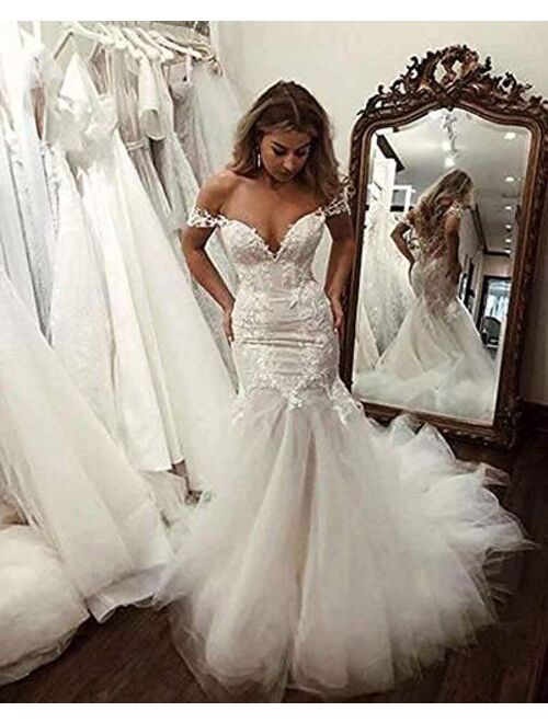 Elliebridal Sexy Tulle Women's Bridal Ball Gown Long Lace Mermaid Wedding Dresses with Train for Bride 2021