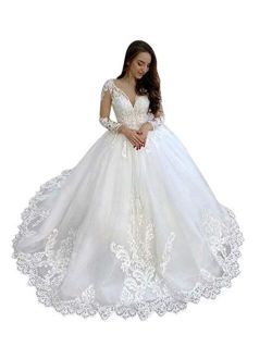 Mojing Women's Glamorous Lace Appliques Wedding Dresses for Bride V-Neck Long Sleeves Bridal Dress Wedding Gowns
