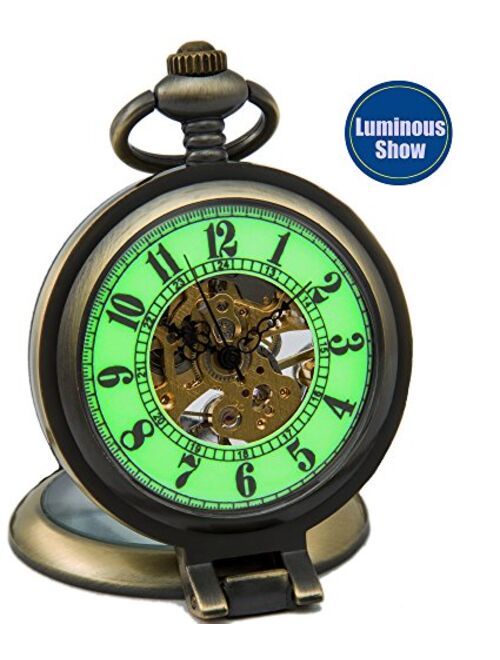 SEWOR Mens Luminous Dial Hand Wind Mechanical Pocket Watch with Brand Leather Gift Box (Stand Up Black)