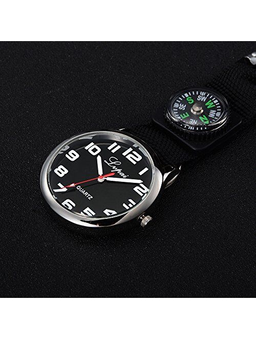 Clip On Watches for Men,Sport Canvas Band with Portable Compass Black Fob Watch