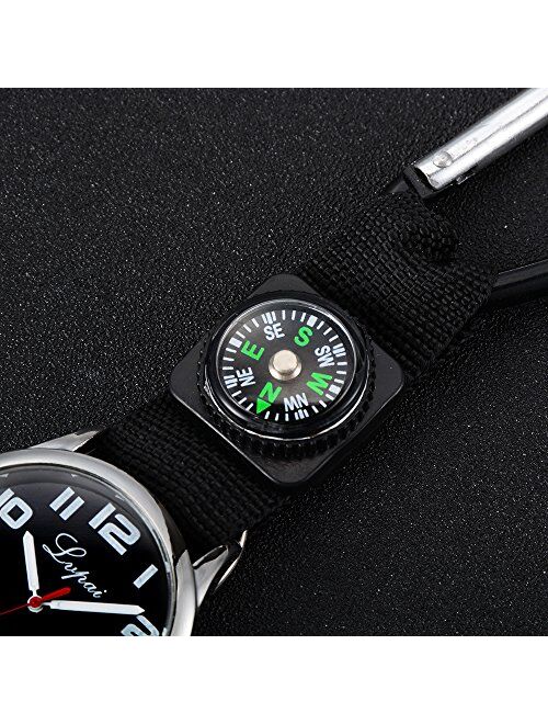 Clip On Watches for Men,Sport Canvas Band with Portable Compass Black Fob Watch