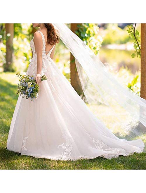 HDSLP Women's V-Neck Appliques Wedding Dress Long Curt Train Bridal Gown for Bride