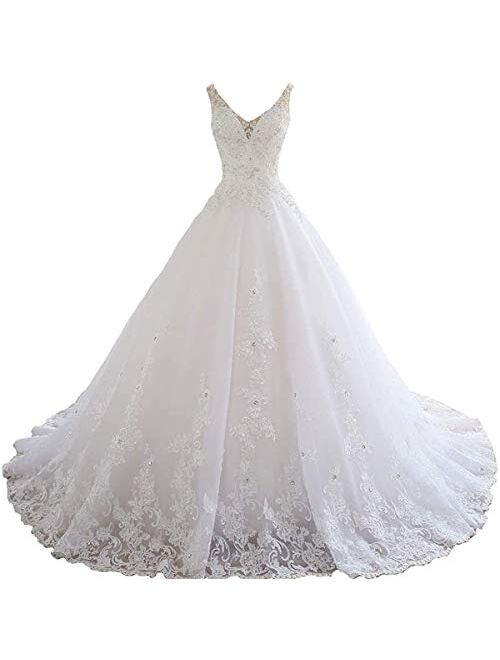 Elliebridal Lace Beaded Women's Bridal Ball Gown Long V Neck A-line Wedding Dresses with Train for Bride Ivory