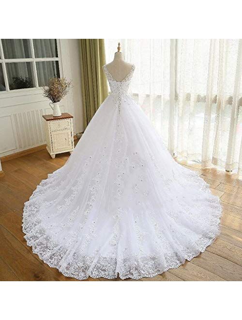 Elliebridal Lace Beaded Women's Bridal Ball Gown Long V Neck A-line Wedding Dresses with Train for Bride Ivory
