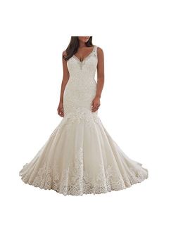 Beauty Bridal Elegant V Neck Crystal Mermaid Wedding Dresses for Bride(12,Ivory)
