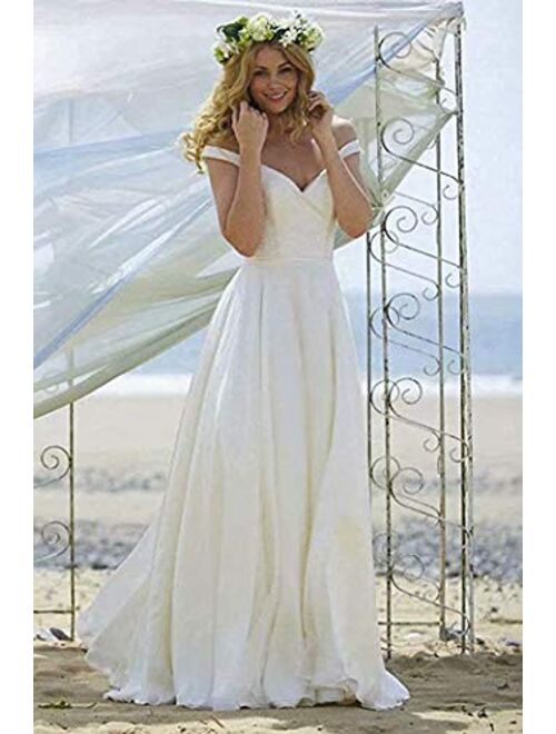 Elliebridal Beach Long Women's Bridal Ball Gown A-line Lace Wedding Dresses with Sweep Train for Bride