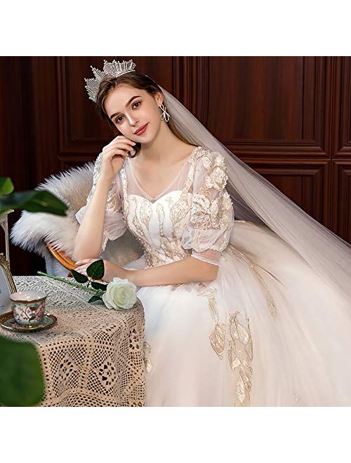 zjyfyfyf Women's Wedding Dress Lace Wedding Dress V-Neck Formal Party Bride Long Gowns Bridal Prom Gown (Color : White, Size : XX-Large)