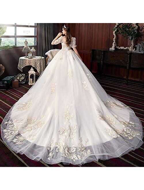 zjyfyfyf Women's Wedding Dress Lace Wedding Dress V-Neck Formal Party Bride Long Gowns Bridal Prom Gown (Color : White, Size : XX-Large)