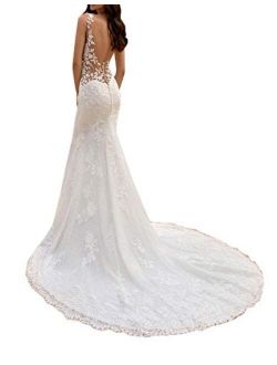 Elegant Bridal Gowns Plus Size Lace Beach Mermaid Wedding Dresses for Bride with Train Long