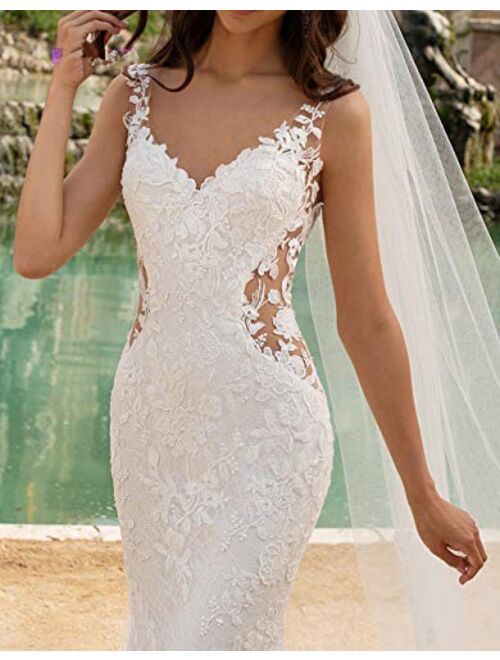 Solandia Elegant Bridal Gowns Plus Size Lace Beach Mermaid Wedding Dresses for Bride with Train Long