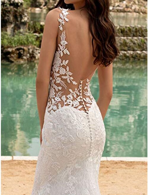 Solandia Elegant Bridal Gowns Plus Size Lace Beach Mermaid Wedding Dresses for Bride with Train Long