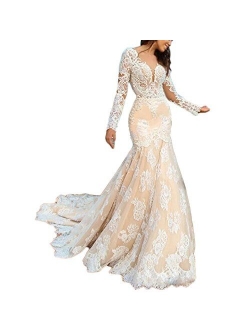Liliesdresses Women's Low Cut Lace Wedding Gown with Sleeves Train Mermaid Evening Gown Backless Long Bridal Gown