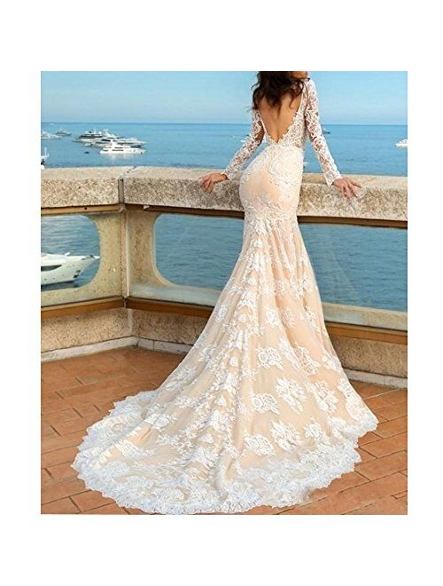 Liliesdresses Women's Low Cut Lace Wedding Gown with Sleeves Train Mermaid Evening Gown Backless Long Bridal Gown