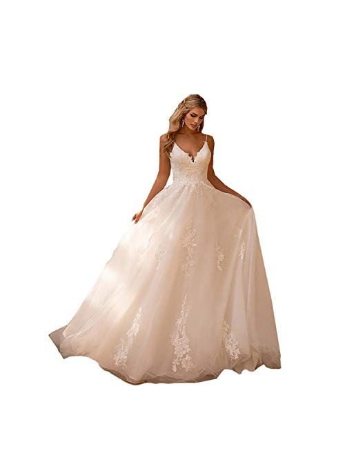 Women's Sexy Straps Bridal Ball Gown Lace A-line Wedding Dresses with Train Long for Bride White Ivory Plus Size