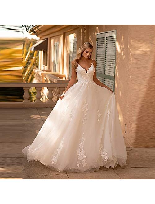 Women's Sexy Straps Bridal Ball Gown Lace A-line Wedding Dresses with Train Long for Bride White Ivory Plus Size