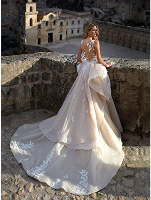 Elliebrida Two Pieces Women's Bridal Ball Gown Mermaid Long Lace Wedding Dresses with Detachable Train for Bride