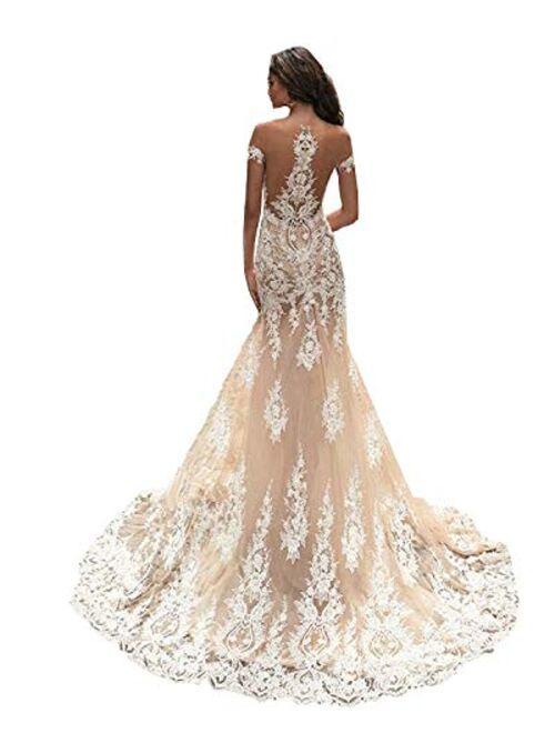 Elliebridal Off Shoulder Lace Women's Bridal Ball Gown Mermaid Wedding Dresses with Train Long for Bride Champagne