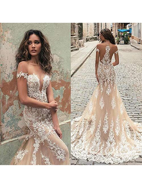 Elliebridal Off Shoulder Lace Women's Bridal Ball Gown Mermaid Wedding Dresses with Train Long for Bride Champagne