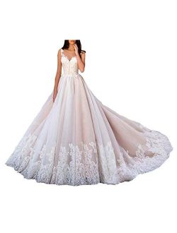Women's Sweetheart Bridal Gowns Long Lace Wedding Dress with Train Plus Size