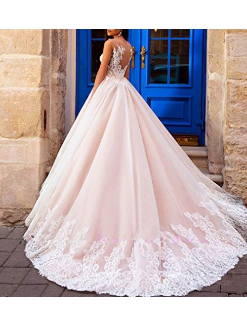 Solandia Women's Sweetheart Bridal Gowns Long Lace Wedding Dress with Train Plus Size
