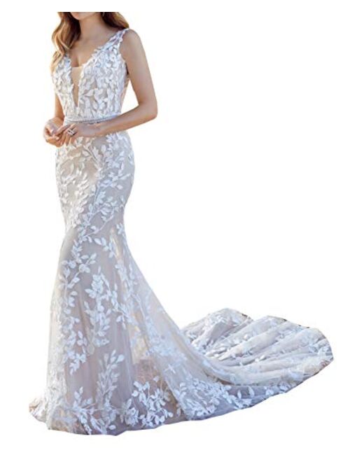 Solandia Plus Size Lace Bridal Ball Gowns Beach Mermaid Wedding Dresses for Women Bride with Train Long