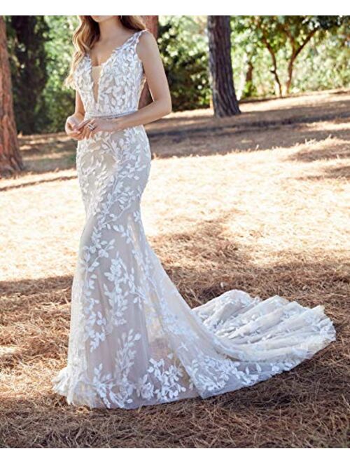 Solandia Plus Size Lace Bridal Ball Gowns Beach Mermaid Wedding Dresses for Women Bride with Train Long