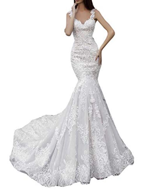 Solandia Women's Illusion Bridal Ball Gowns Lace Beach Mermaid Wedding Dresses for Bride with Train
