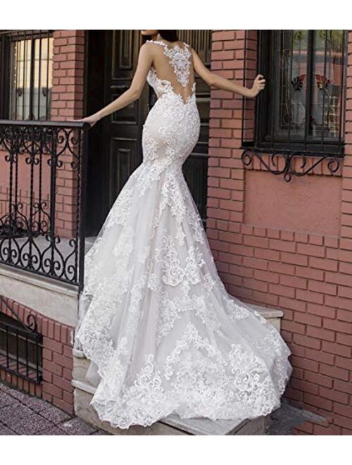 Solandia Women's Illusion Bridal Ball Gowns Lace Beach Mermaid Wedding Dresses for Bride with Train