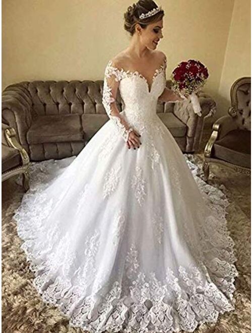 Elliebridal Modern Women's Bridal Ball Gown Long Sleeves Lace up Corset A-line Wedding Dresses with Train for Bride