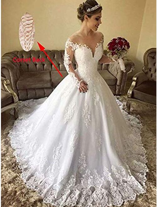 Elliebridal Modern Women's Bridal Ball Gown Long Sleeves Lace up Corset A-line Wedding Dresses with Train for Bride