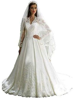 Casual Satin Women's Bridal Ball Gown Long Sleeves A-line Wedding Dresses with Train for Bride