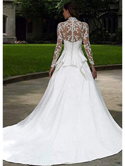 Elliebridal Casual Satin Women's Bridal Ball Gown Long Sleeves A-line Wedding Dresses with Train for Bride
