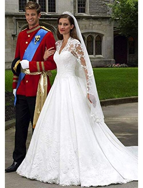 Elliebridal Casual Satin Women's Bridal Ball Gown Long Sleeves A-line Wedding Dresses with Train for Bride